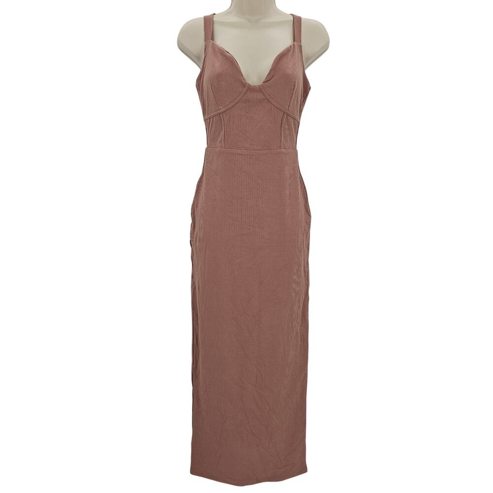 Naked Wardrobe Womans size L Snatched Bustier Bodycon Tank Maxi Dress Tan NEW